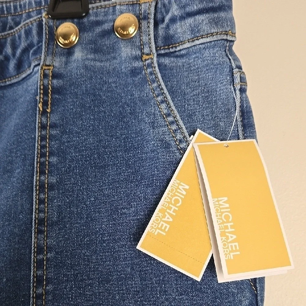 Michael Kors Womens Sailor Wide Leg Jeans Medium Wash‎ Blue Gold Buttons Size 14